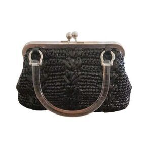 Trina Turk Woven Nylon Raffia Purse Black and Silver With Clear Handle